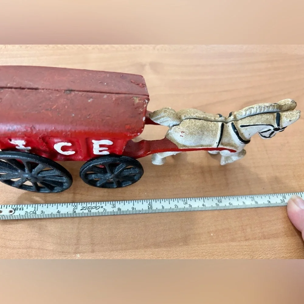 Vintage Cast Iron Toy white Horse with red Ice Wagon Cart